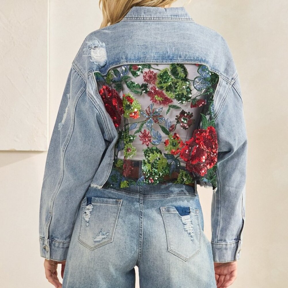 new VEVERET cropped denim jacket sequins accent floral back SM-LG unique rare